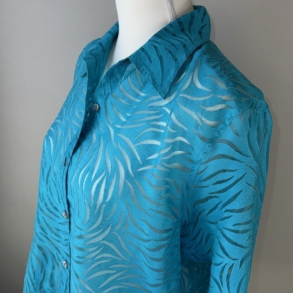 Vintage Mirasol Turquoise Burnout Shirt Flax Blend  Button Up Lightweight Medium - Picture 6 of 9